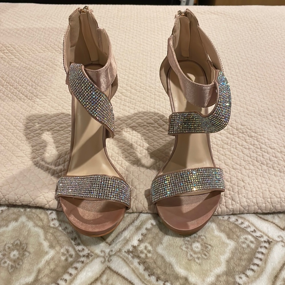 Rose gold satin diamanté heels